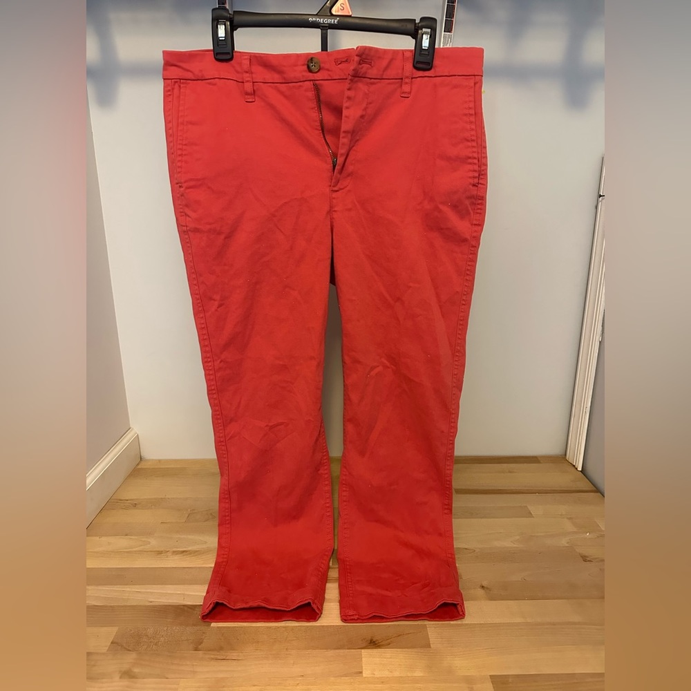 Red J Crew crop pants.